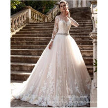 Vestido de noiva Sheer Tulle Back Lace Appliques Brautkleider Perlen Gürtel Braut Kleider Boda Langarm Brautkleider CWF2450